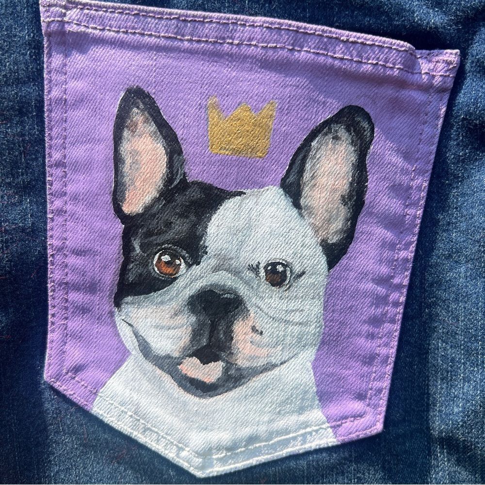 Hand-Painted Free People Denim Mini Skirt with French Bulldog design Size 25 - Picture 4 of 5